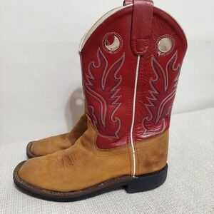 Old West Kids Unisex Brn/Red Leather Western Boot SquareToe Sz 2.5 StyleBSC1883